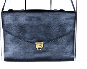 Black faux leather crocodile print vintage envelope purse/black large envelope clutch shoulder handbag