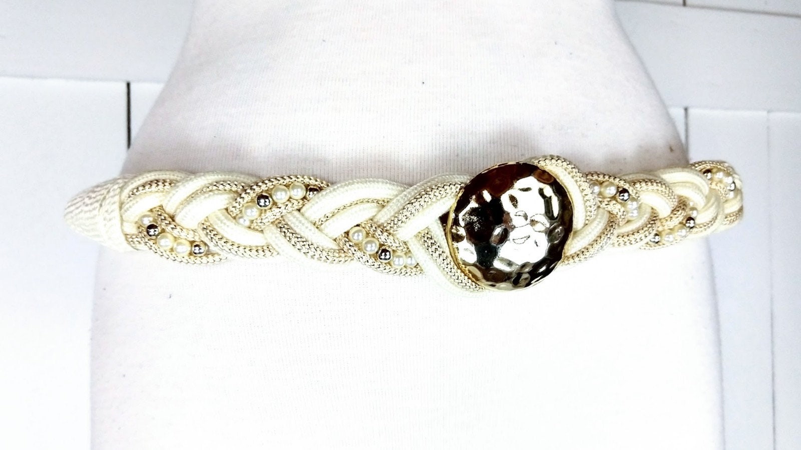 Vintage Ivory Braided Gold Medallion Disc Beaded Rope Belt  display picture 1