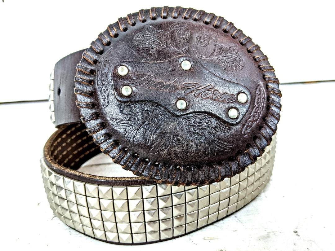 Vintage Brown Silver Studded Faux Leather Western Belt - Etsy display picture 1