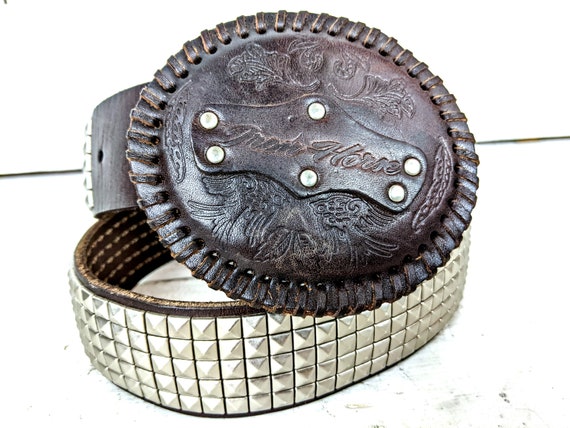 Vintage Brown Silver Studded Faux Leather Western Buckle 