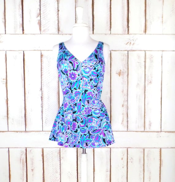 60's vintage blue/purple floral one piece skirted