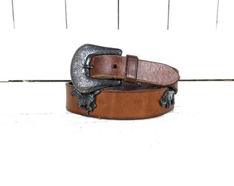 HDNEST Brown Leather Belt with Gold Animal Charms Vintage Honest Brown Moc Croc Leather Animal Charms Jungle  main image 4