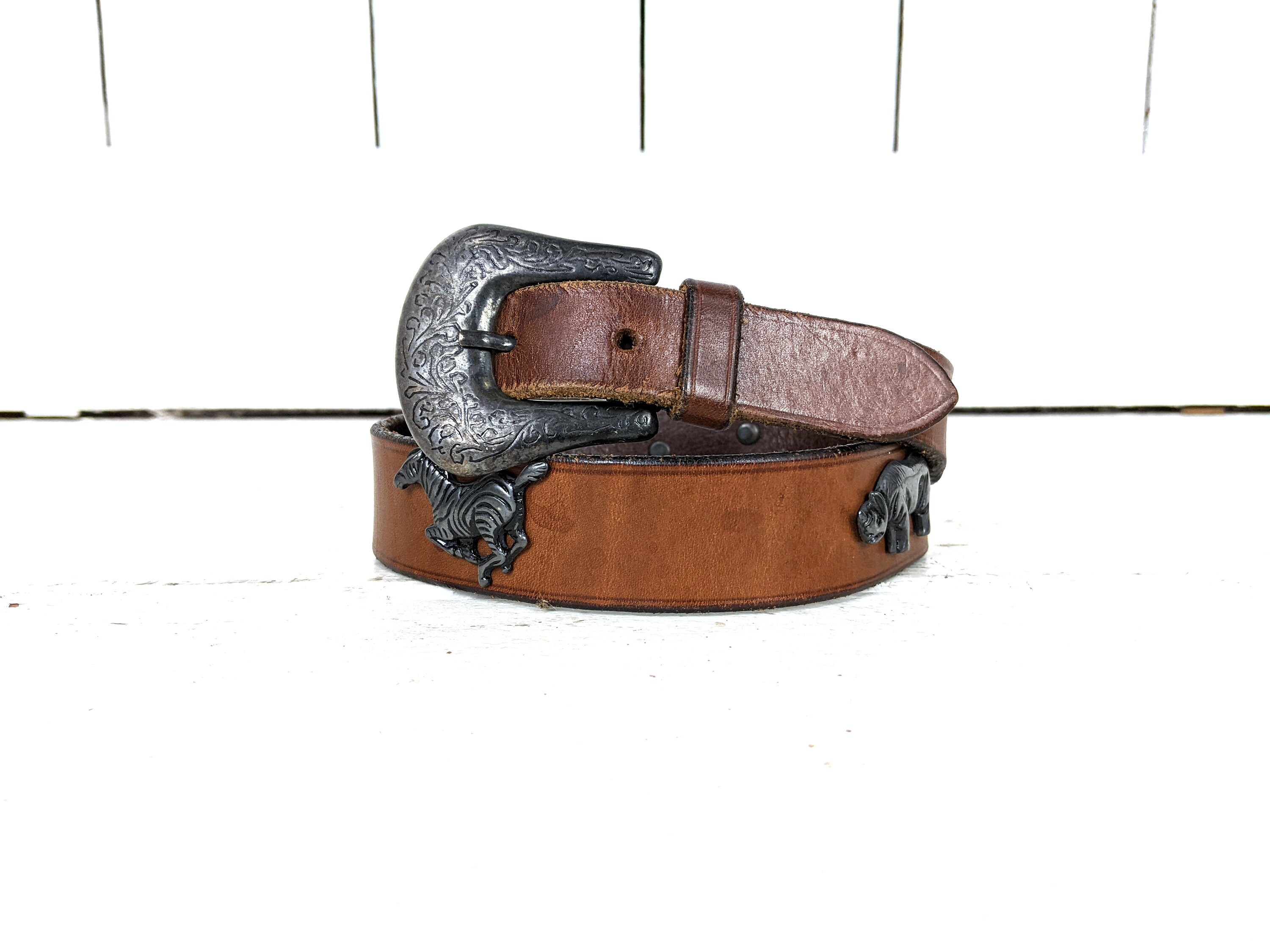 Vintage Chicos brown leather African Safari animal belt Luxury Belt SAFARI | Brown Exotic Leather | SILVER OSTRICH main image 3