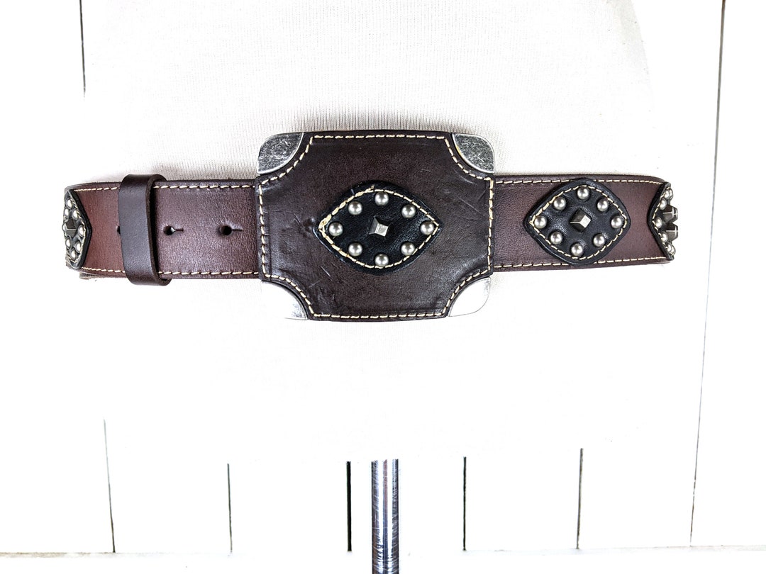 Vintage Brown Black Silver Studded Faux Leather Large