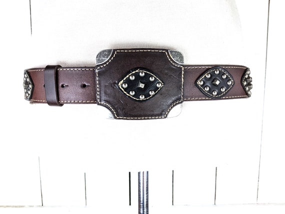Studded Brown Leather Belt with Decorative Buckle Womens XL Brown Bonded Leather Western Style Belt  main image 3