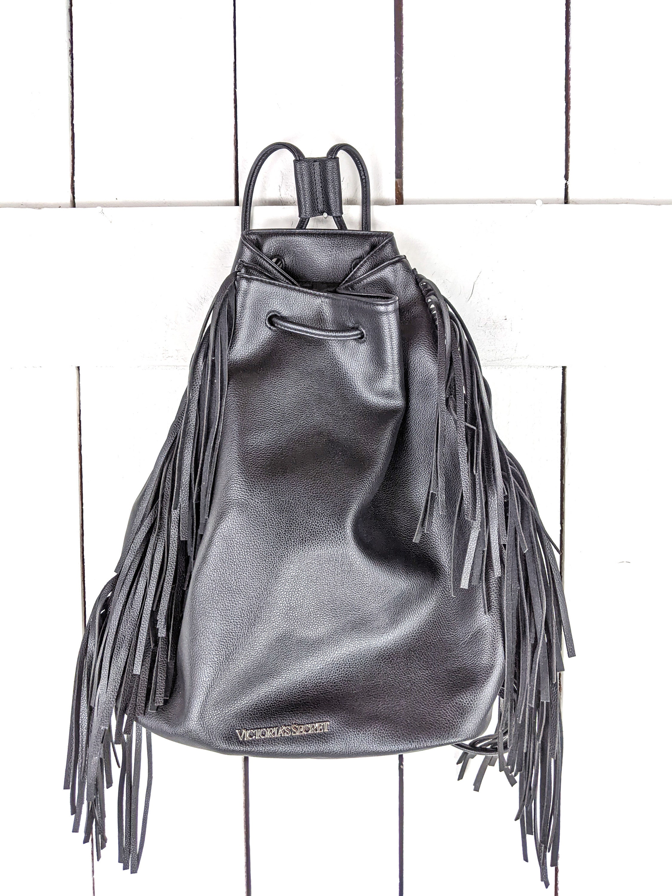 Victoria s Secret Black Faux Leather Tassel Fringe Drawstring Purse Backpack Etsy