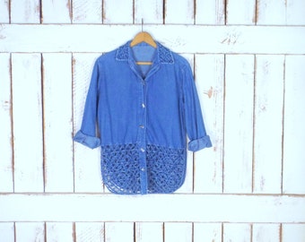 Vintage blue cotton denim button down ribbon cut out shirt/chambray button down top/blue jean shirt/small/medium