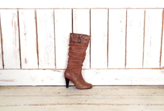 90s vintage high heel brown leather knee high buc… - image 1