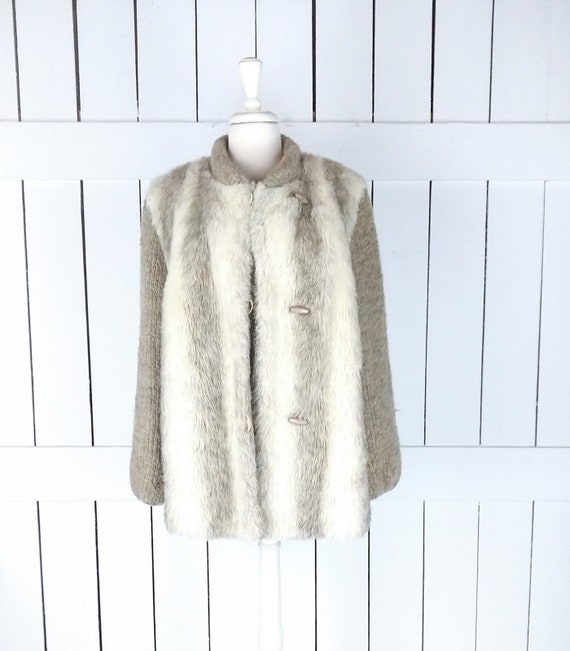 Vintage striped faux fur knit sleeve winter coat/c