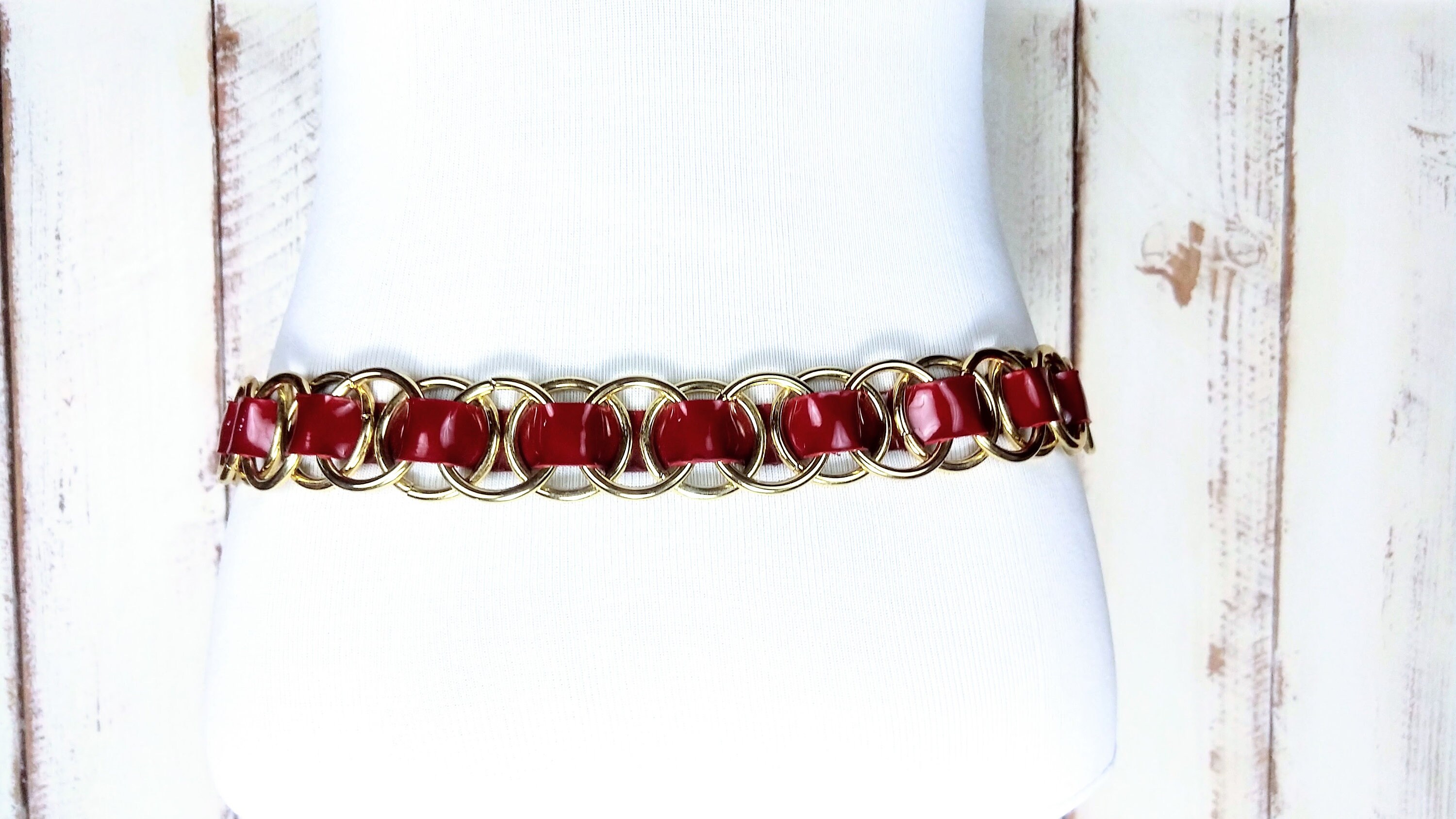 90s Vintage Red Gold Chain Belt/red Patent Leather Chain 