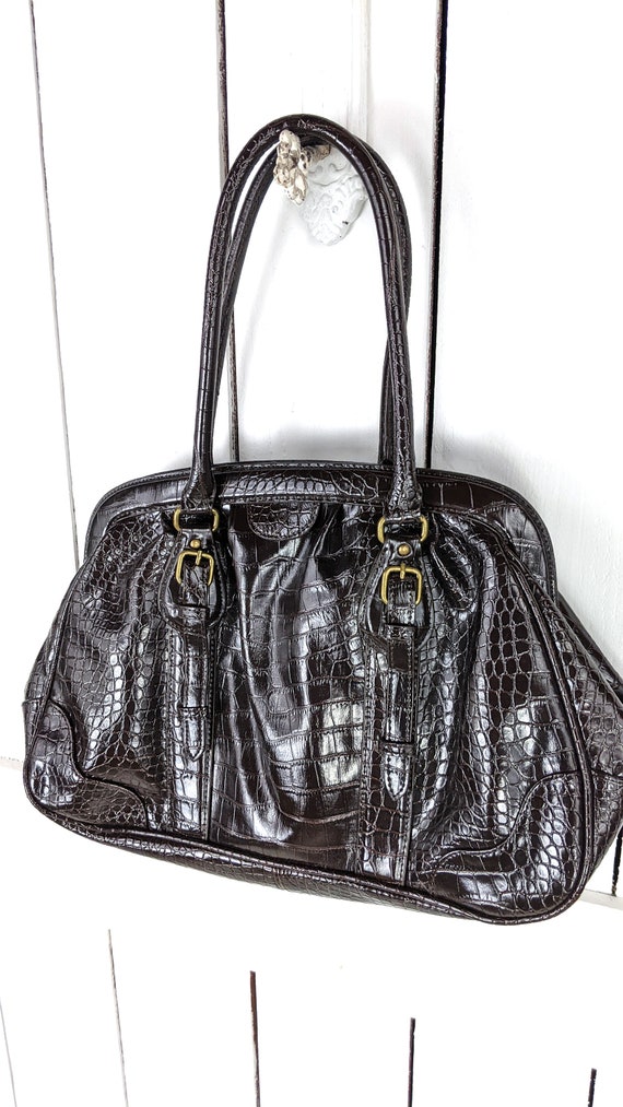 90s vintage brown croc faux leather handbag purse - image 5
