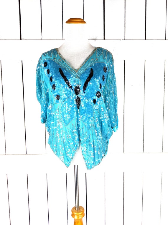 Vintage blue butterfly sequins beaded blouse top
