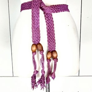 Vintage wood bead braided macrame rope fringe tie belt