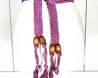 Vintage wood bead braided macrame rope fringe tie belt