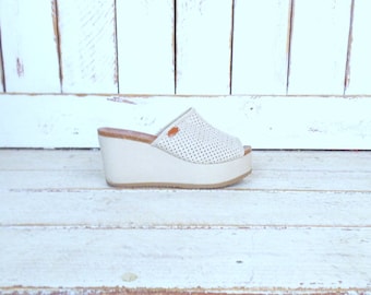 90s vintage off white/beige canvas open toe wedge platform sandals/high platform mules/boho festival clogs/9.5