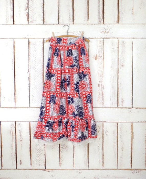 70s vintage red/blue floral long ruffle skirt apro