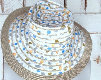 Vintage white cotton/straw woven leaf print floppy sun hat/gardening hat/beach hat