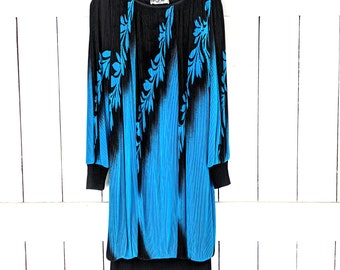 Vintage 1970s Virginie of Paris teal black tropical palm leaf long sleeve pleated bubble dress