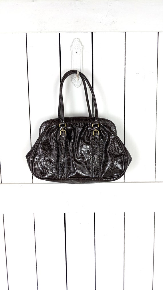 90s vintage brown croc faux leather handbag purse - image 1