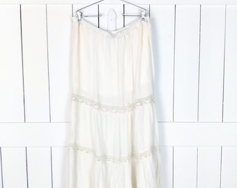 Ivory tiered crinkle cronchet lace prairie maxi falda / boho hippie festival falda / falda larga de encaje marfil