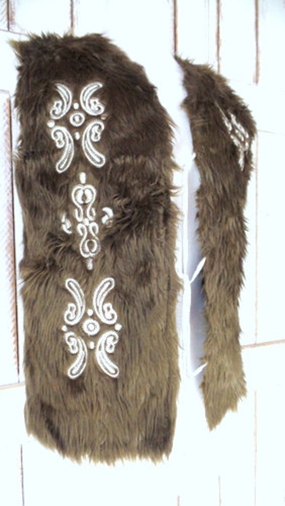 90s vintage brown faux fur embroidered knit boho/… - image 3