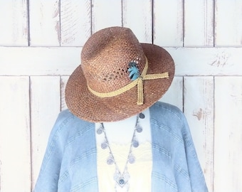 Vintage 90s brown natural straw summer fedora hat/cigar straw fedora feather hat/straw beach hat