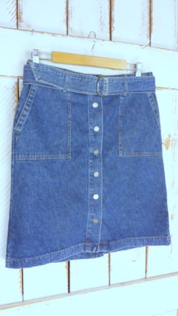 90s vintage blue jean denim button down belted sk… - image 3