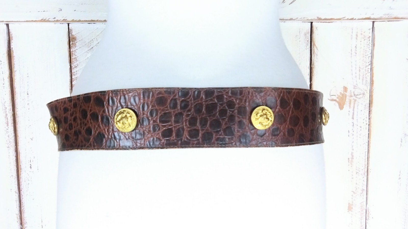 Vintage Jill Stuart Dark Brown Croc Belt with Large Steel Blackish Grey Buckle jill stuart vintage croc leather belt – styling fabulous  main image 3