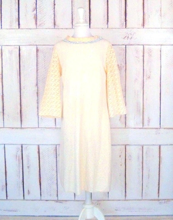 60s vintage ivory crochet lace knit bell sleeve aline midi dress/rhinestone evening dress/medium/large 60s vintage ivory crochet lace knit bell sleeve aline midi dress/rhinestone evening dress/medium/large