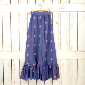 Vintage blue cotton chambray patchwork ruffle maxi skirt/red checkered/plaid patch high waist skirt/Joy Stevens