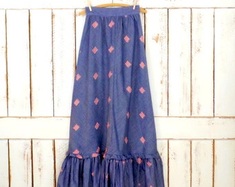 Vintage blue cotton chambray patchwork ruffle maxi skirt/red checkered/plaid patch high waist skirt/Joy Stevens