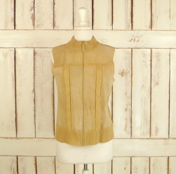 Vintage tan suede cable knit zip up vest/suede kni