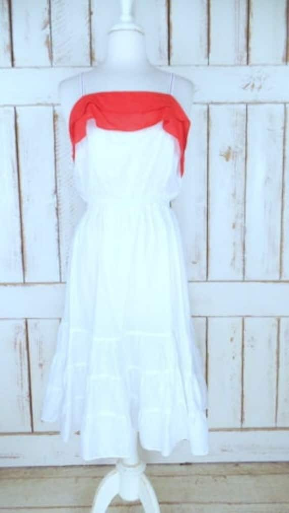 Vintage sheer white/red sleeveless ruffle sun dre… - image 1