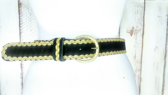 Vintage Black Felt Velvet Gold Ribbon Trim Belt/29 display picture 1