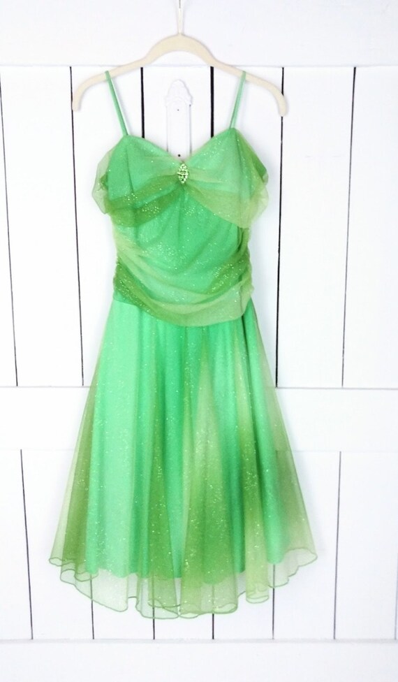 Buy Vintage Green Mesh Tulle Glitter Spaghetti Strap Evening Dress/80s  Glitter Tulle Net Dress/1980s Green Formal Dress/juniors 9 Online in India  - Etsy