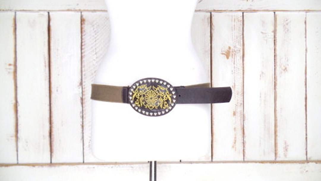 90s vintage metal studded faux leather canvas belt gold embroidered buckle Vintage Leather Belt Brass Buckle Medieval Knight Heraldic  main image 4