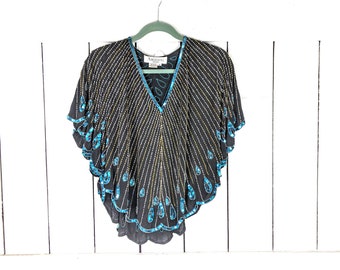 Vintage Argenti silk black blue beaded sequins vneck formal evening blouse cover up