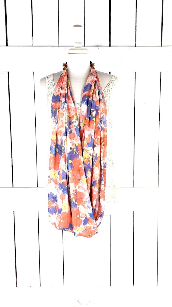 Pink blue floral wide jeweled infinity scarf neckl