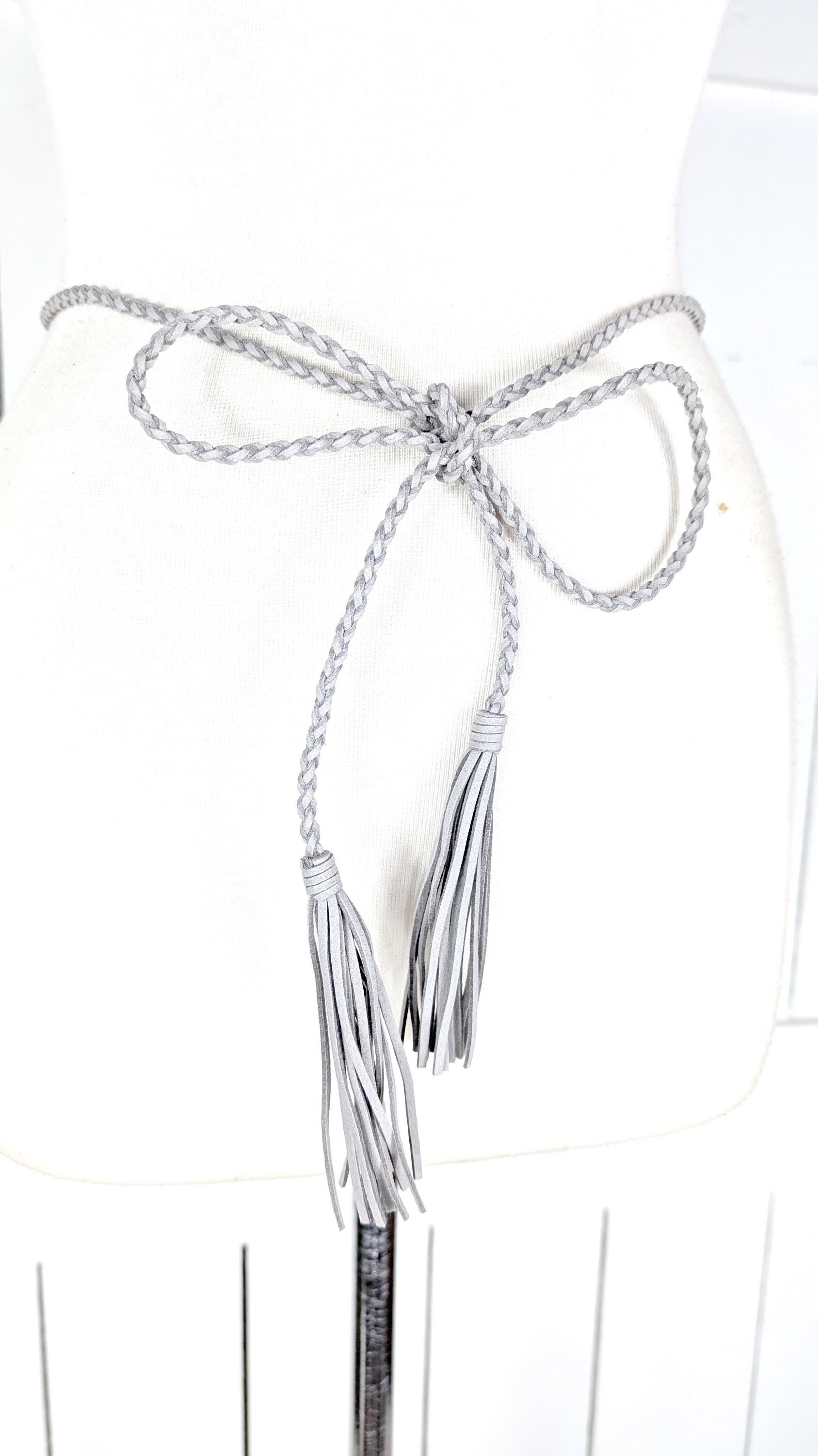 Light Grey Braided Faux Suede Rope Chord Fringe Tassel Tie  display picture 1
