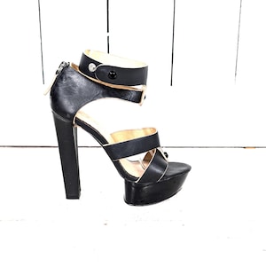 Black leather high heel platform open toe ankle strap heels
