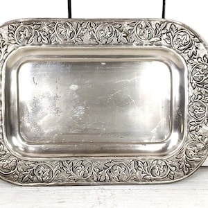 Pottery Barn silver metal floral embossed small serving tray image 2