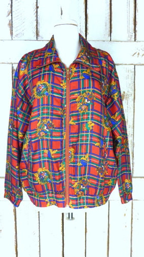 Vintage red/blue checker plaid crest medallion pr… - image 2