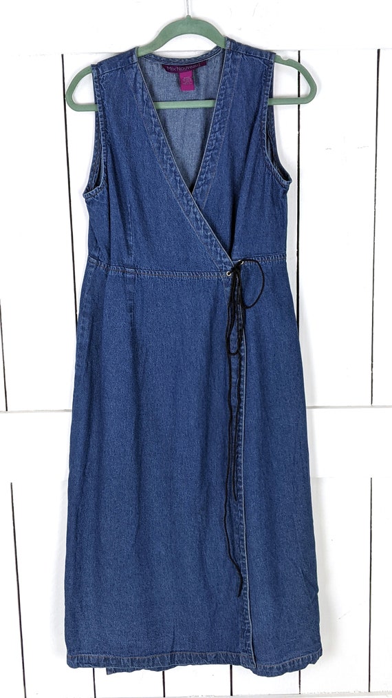 90s Vintage Blue Cotton Jean Denim Sleeveless Long Maxi Wrap Dress