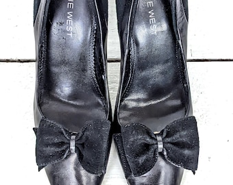 Black leather suede bow round toe high heel stiletto pumps