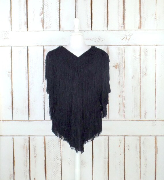 Vintage 70s black shaggy fringe tunic pullover boh