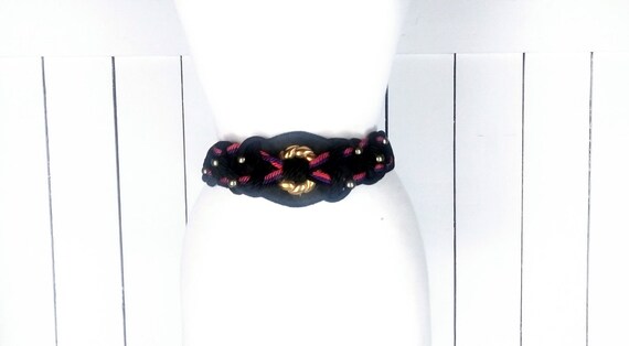 80s Vintage Black Braided Rope Chord Beaded Stretch Belt  display picture 2