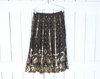 Jupe cachemire vintage des années 90 à sequins marron doré
