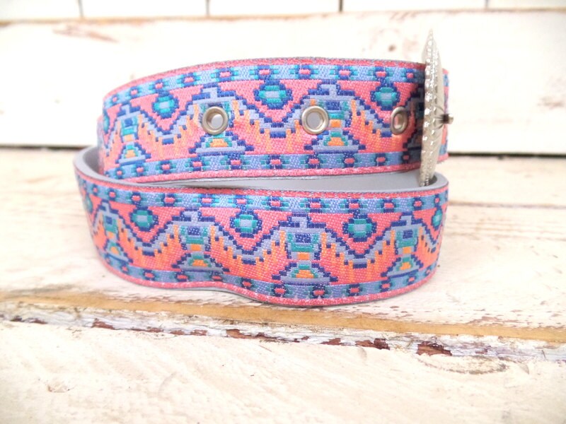 Southwestern Pink/blue Woven Cloth Tribal Belt/vintage  display picture 3
