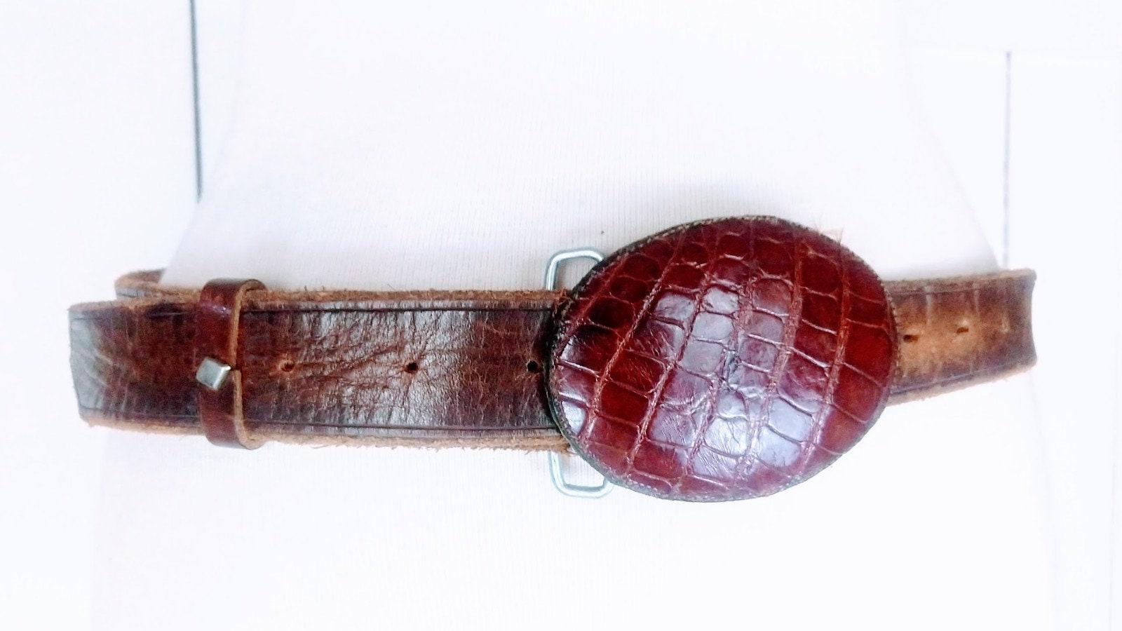 Vintage Brown Leather Reptile Embossed Buckle Belt/boho  display picture 2