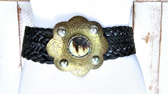 Vintage Wide Black Braided Leather Medallion Bohemian Gypsy 